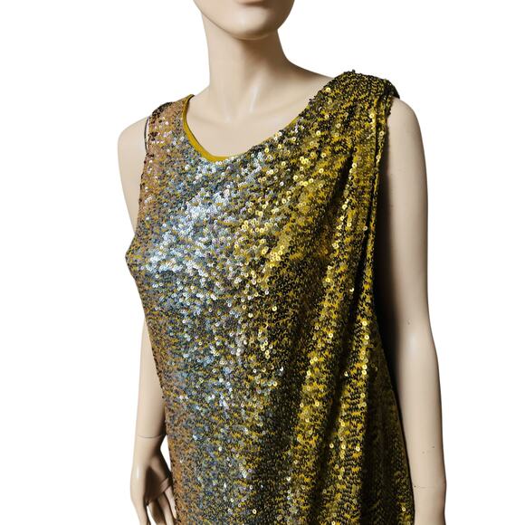 J Crew Collection Gold Sequin Greek Style Dress Size M Cotton Silk Pullover - Picture 2 of 10